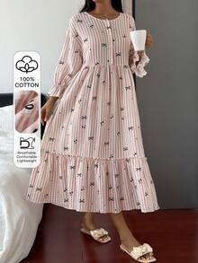Livesso 女款蝴蝶結條紋印花鈕扣半開襟睡裙 - 白色 - 查看 4