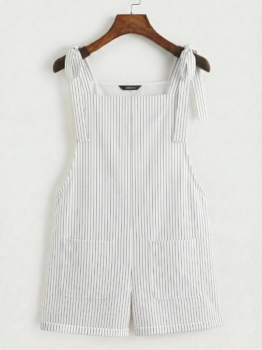 SHEIN Essnce 女款條紋打結肩帶口袋吊帶短褲 - 彩色 - 查看 1