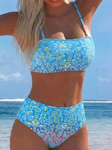 Swim Lushoire Women's Summer Vacation Beach Sexy Colorful Gradient Leopard Print Detachable Spaghetti Strap Bandeau High Waist Bikini Set - Multicolor - View 3