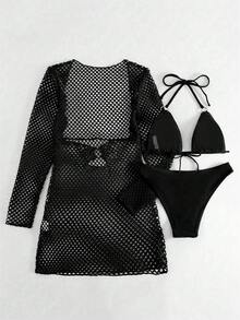 Swim SXY 3件套女士夏季沙滩度假露背比基尼套装及罩衫 - 黑色 - 查看 2