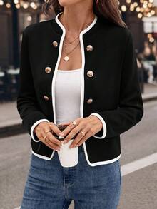 SHEIN Clasi Plus Size Fashion Street Elegant Normal Double-Breasted Long Sleeve Versatile Jacket Autumn Formal - Black and White - View 4