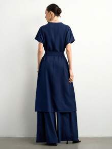 Aalyst Conjunto elegante de 2 piezas para mujer de unicolor con camisa larga de manga corta y cuello en V y pantalones, azul marino, para oficina en verano - Azul Marino - Ver 3