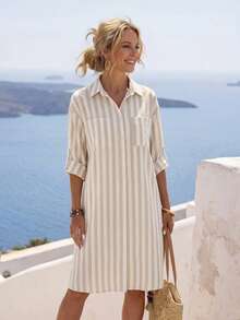 SHEIN LUNE Women's Vintage Khaki Striped Print Roll-Up Sleeve Front Button-Down Shirt Dress For Vacation - Multicolor - View 3