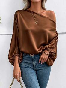 SHEIN 女款素色不對稱肩休閒百搭日常穿著襯衫 - 棕色 - 查看 7