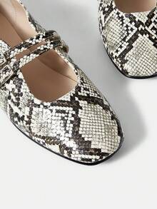 Mnmlis Women's Shoes Spring And Summer Double Buckle With Square Toe Flat Bottom Mary Jane Shoes - Gray snake pattern - View 4