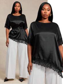 Radiana Plus Size Women's New Lace Patchwork Dinner Round Neck Short Sleeve Asymmetrical Hem Blouse Business Social Work Wear Outfits Office Attire Black - Black - View 1