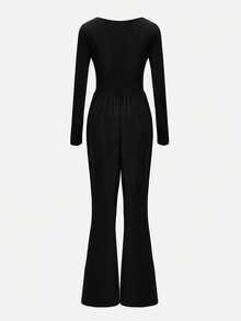 Nuvra Women's Elegant Solid Color Flared Jumpsuit For Commuting - Black - View 2