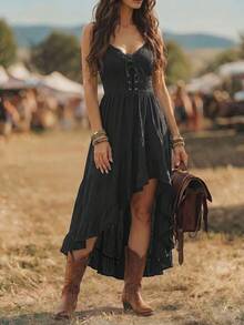 EMERY ROSE Women's Summer Casual Western Cowboy Vacation Style Minimalist Solid Color Contrast Lace Trim Asymmetrical Hem Cami Dress - Black - View 3