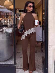 Lumalex Brown Chocolate Brown Halter Top Flare Pants Set High Neck Keyhole Back Asymmetric Lace Trim Hem Sleeveless Luxury Elegant Dinner Night Summer - Multicolor - View 3