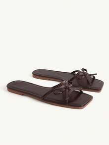 CUCCOO CHICEST Square Toe Bow Flat Bottom Sandals, Simple Belt Design, Casual Open-Toed Slippers For Daily Wear In Summer - Brown - View 2
