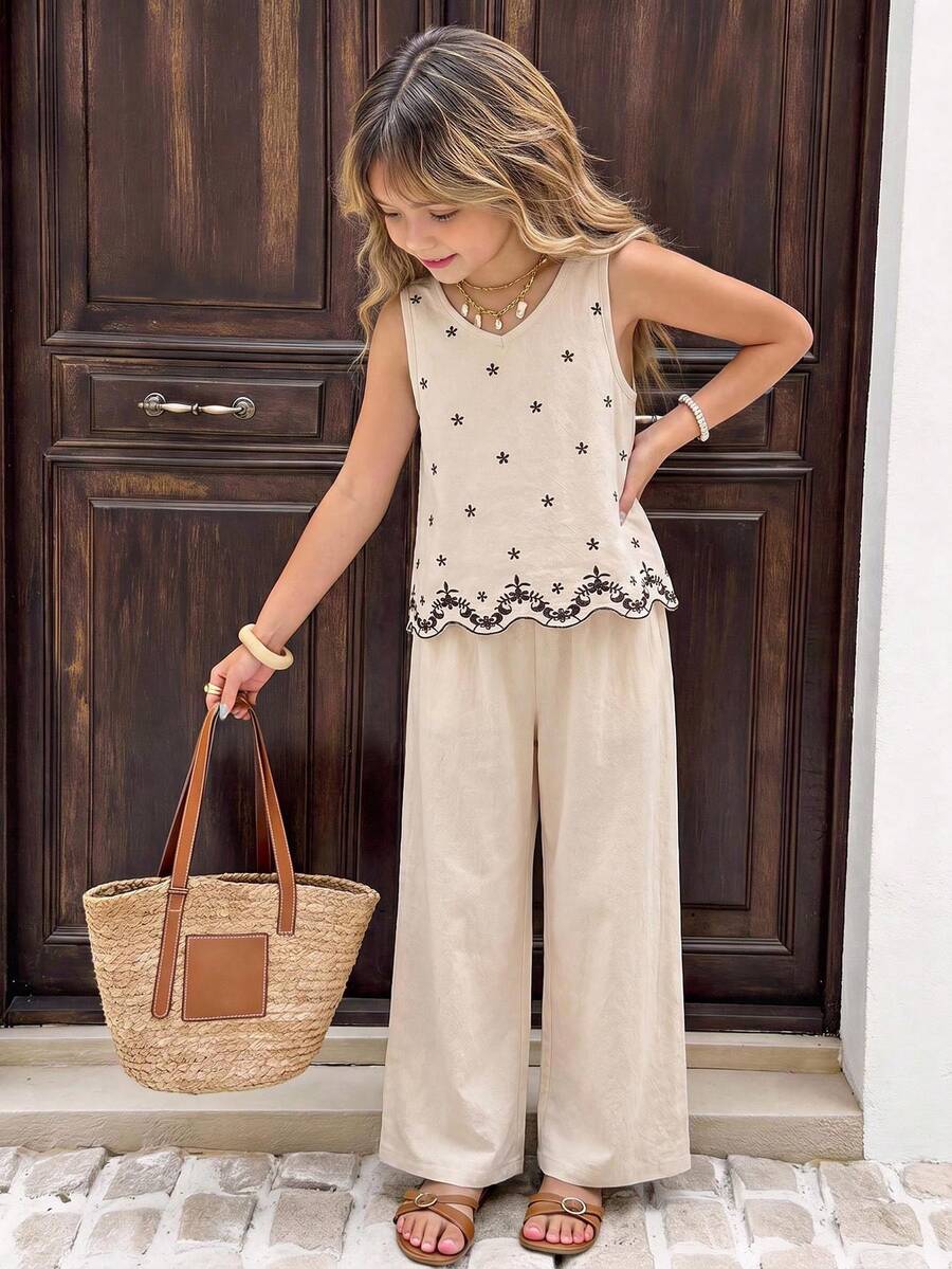 SHEIN Elladie kids 2件組女款春夏新款休閒通勤梭織粗麻布蝴蝶結裝飾V領無袖鏤空燒花寬鬆背心上衣與收腰梭織寬鬆長褲,日常休閒外出兩件套 - 卡其色 - 查看 1