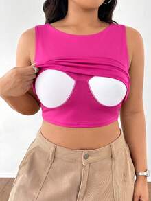 SHEIN EZwear 大码纯色圆领无袖宽肩带修身褶皱夏季背心 - 玫紅色 - 查看 4