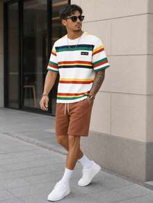 Sorvial Men's Fashion Colorful Striped Print T-Shirt And Drawstring Waist Shorts Set - Multicolor - View 9