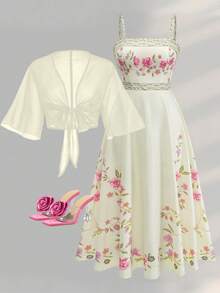 Franclia Plus Size Women's Fashion Pink Floral Chiffon Dress & Jacket 2-Piece Set,Elegant Summer Holiday Outfit,Tea Party Wedding Guest Spring Long Dress Fall - Light Yellow - View 1