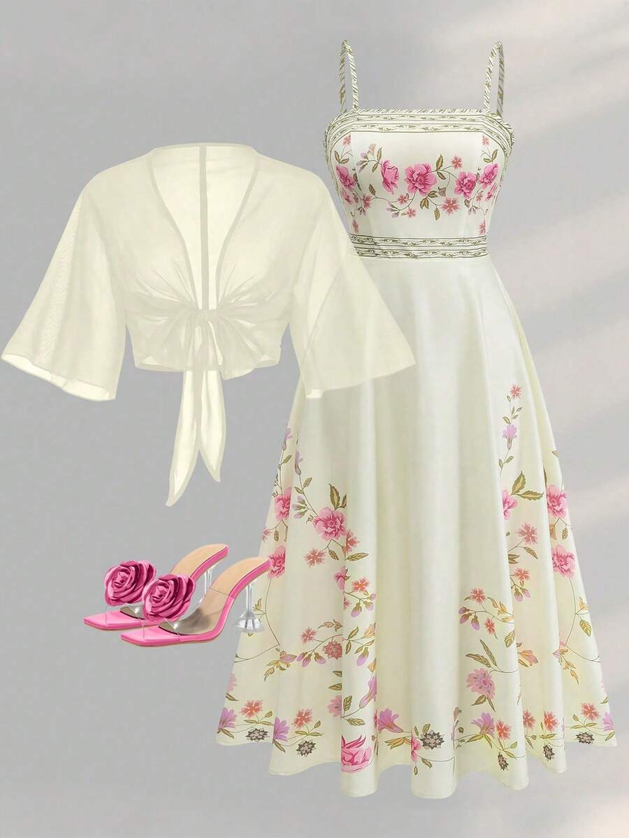Franclia Plus Size Women's Fashion Pink Floral Chiffon Dress & Jacket 2-Piece Set,Elegant Summer Holiday Outfit,Tea Party Wedding Guest Spring Long Dress Fall - Light Yellow - View 1