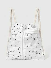 ROMWE Anime Mochila de cordón blanco de gran capacidad y multifuncional con estampado de estrellas kawaii, estilo de animación lindo, adecuada para la escuela y el transporte - Blanco 1 - Ver 1