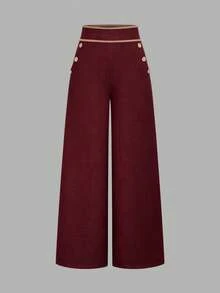 Elenzga High Waist Button Detail Wide Leg Pants - Multicolor - View 3