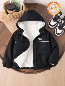 SHEIN 1件男童休閒極簡街頭連帽保暖內裡長袖外套，創新恐龍印花小Logo，時尚休閒設計，適合4-7歲男孩日常穿著，適用於運動、外出、校園及返校季，適合秋冬穿著 - 黑色 - 查看 7