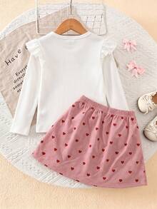 SHEIN Elladie kids 返校季女童幼童甜美兩件套：荷葉邊長袖上衣配大蝴蝶結細節，全幅愛心印花燈芯絨百褶裙配側邊雙蝴蝶結，可愛公主風 4-7 歲女童春夏秋冬日常上學套裝 - 粉色 - 查看 2