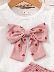 SHEIN Elladie kids 返校季女童幼童甜美兩件套：荷葉邊長袖上衣配大蝴蝶結細節，全幅愛心印花燈芯絨百褶裙配側邊雙蝴蝶結，可愛公主風 4-7 歲女童春夏秋冬日常上學套裝 - 粉色 - 查看 5