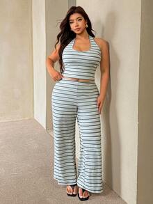 Auralis Plus Size Allover White Backless Halter Top And Long Pants 2 Pieces Set Vacation Summer Sexy Beach Vacation - Multicolor - View 8