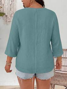 EMERY ROSE Plus Size Versatile Cotton Linen Textured V-Neck Floral Blouse Fall - Dusty Blue - View 2
