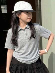 Dazy Kids 少女純色 Polo 領短袖休閒 T 恤 夏季 - 灰色 - 查看 4