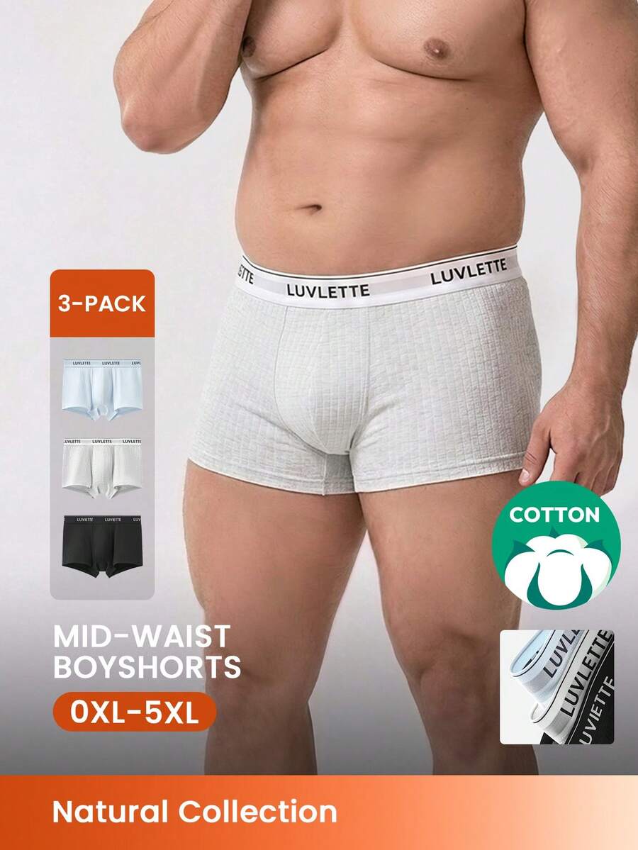 LUVLETTE Plus 3-Pack Cotton Mid Rise Printed Letter Webbing Men's Boxer Briefs Black - Multicolor - View 1