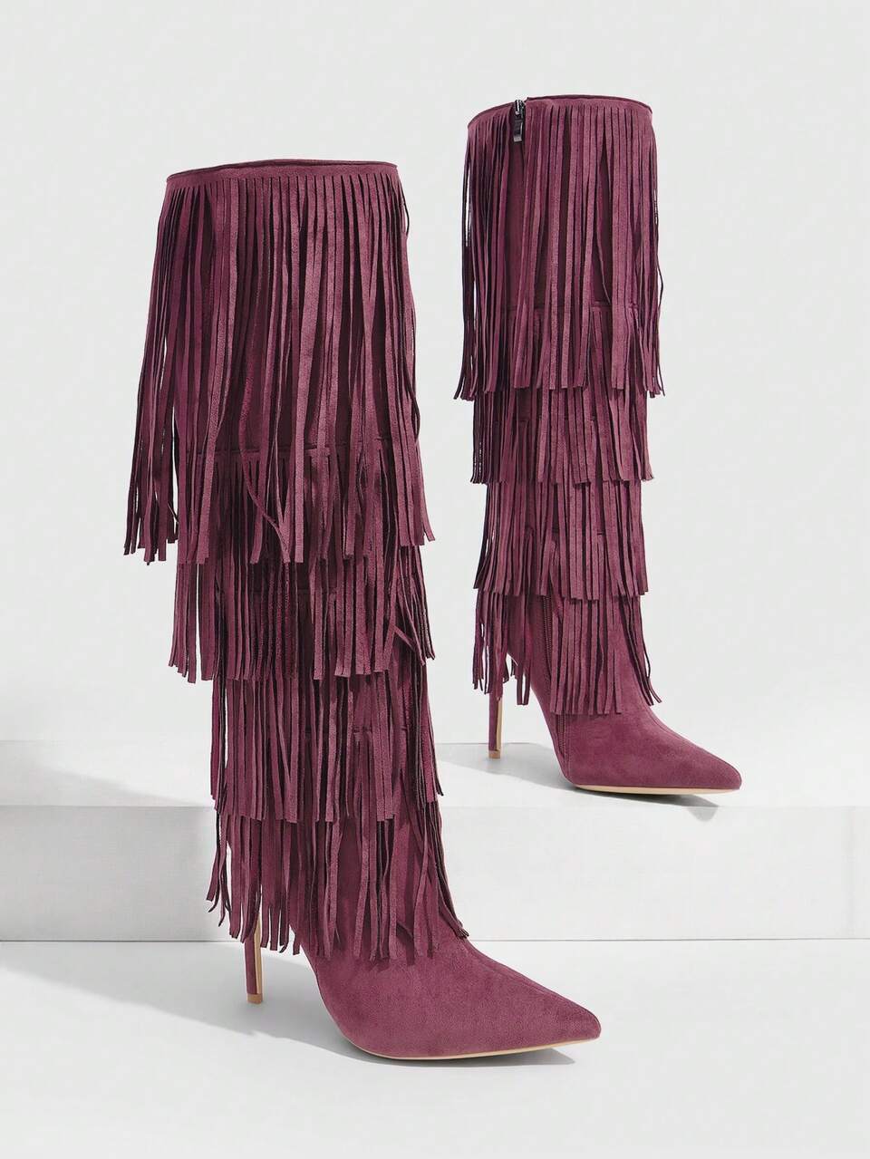 CUCCOO SZL Women Shoes Autumn And Winter New Pointed Stiletto Burgundy Tassel Decoration Sexy Fashion Nightclub Street Side Zipper Women's Boots Knee Boots Women