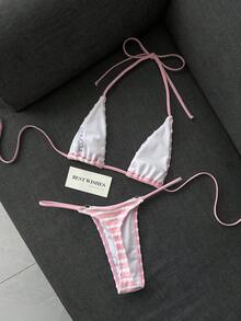 Swim SXY 女款度假風紋理拼接配色掛脖綁帶性感比基尼兩件式泳衣套裝 - 彩色 - 查看 2