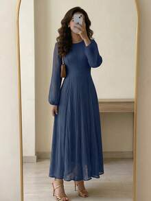 Veilorie 3/4 Sleeve High Neck Ruched Waist Elegant Versatile Dress - Navy Blue - View 10