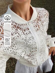 DAZY Women's Loose Lace Crew Neck Regular Jacket Day Party Rave White Summer Elegant - White - View 1