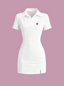 SHEIN 情人节优雅心形刺绣休闲修身Polo领连衣裙 - 彩色 - 查看 4