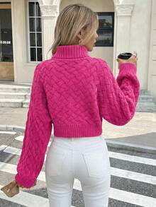 Women's Solid Color Wide Sleeve High Neck Loose Short Casual Sweater - Hot Pink - View 2