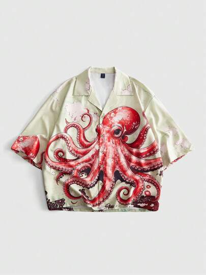 ROMWE MEN 男士休閒章魚印花度假襯衫