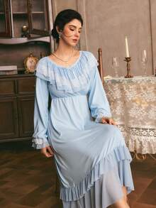 Côtesoire Women's Lace Patchwork Pleated Casual Daily Home Sleep Dress - Baby Blue - View 6