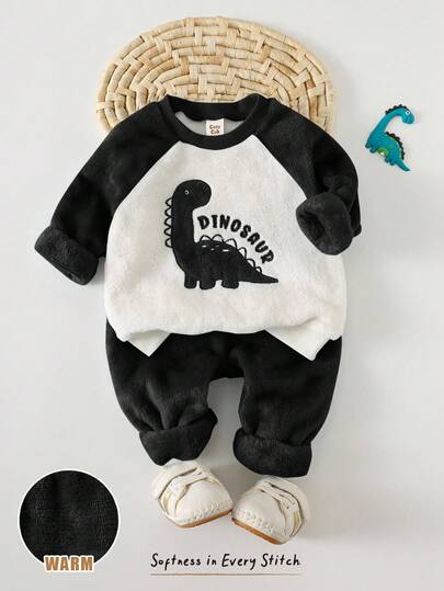 Cozy Pixies Conjunto de 2 Peças para Bebê Menino com Moletom de Manga Longa Gola Redonda Forrado Termicamente e Calça Longa com Cintura Elástica, Estampa de Animais de Desenho Animado, Confortável, Amigável à Pele, Versátil, Moda Minimalista Estilo Básico, Adequado para Uso Interno, Externo, Diário, Esportes, Brincadeiras, Festas, Fotos, Férias, Natal, Roupa de Dinossauro, Conjunto para Bebê Menino