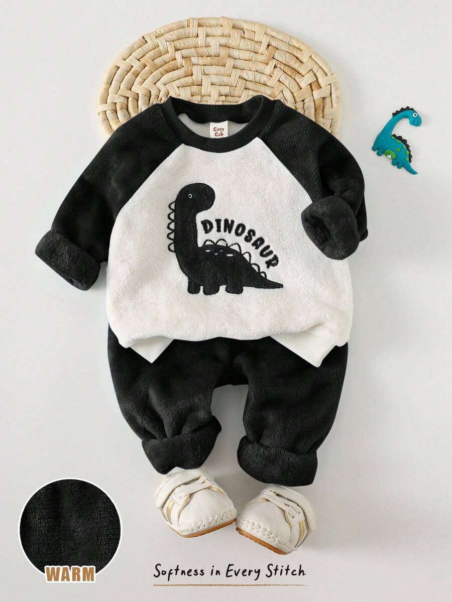 Cozy Pixies 男嬰卡通動物圖案保暖內裡加厚圓領長袖套頭運動衫與彈性腰長褲2件套,舒適親膚百搭時尚簡約基本款,適合室內、戶外、日常、運動、玩耍、派對、拍照、假期、聖誕節,恐龍造型嬰兒男童套裝 - 彩色 - 查看 1