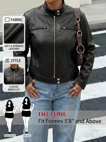 SHEIN Tall CURVE Áo khoác nữ big size màu trơn kéo khóa, phong cách thường ngày đa năng, tay dài