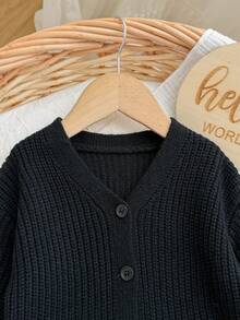SHEIN Baby Girl Solid Color V-Neck Long Sleeve Top And Pants Casual Daily Knit Set - Black - View 6