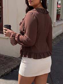 Vionelle Plus Size Women's Summer Autumn New Versatile Ruffle Tie Chiffon Long Sleeve Blouse, Semi-Sheer Ruched Waist Top, Suitable For Elegant Outfits, Versatile, Streetwear, Commuting, Dating - Brown - View 2