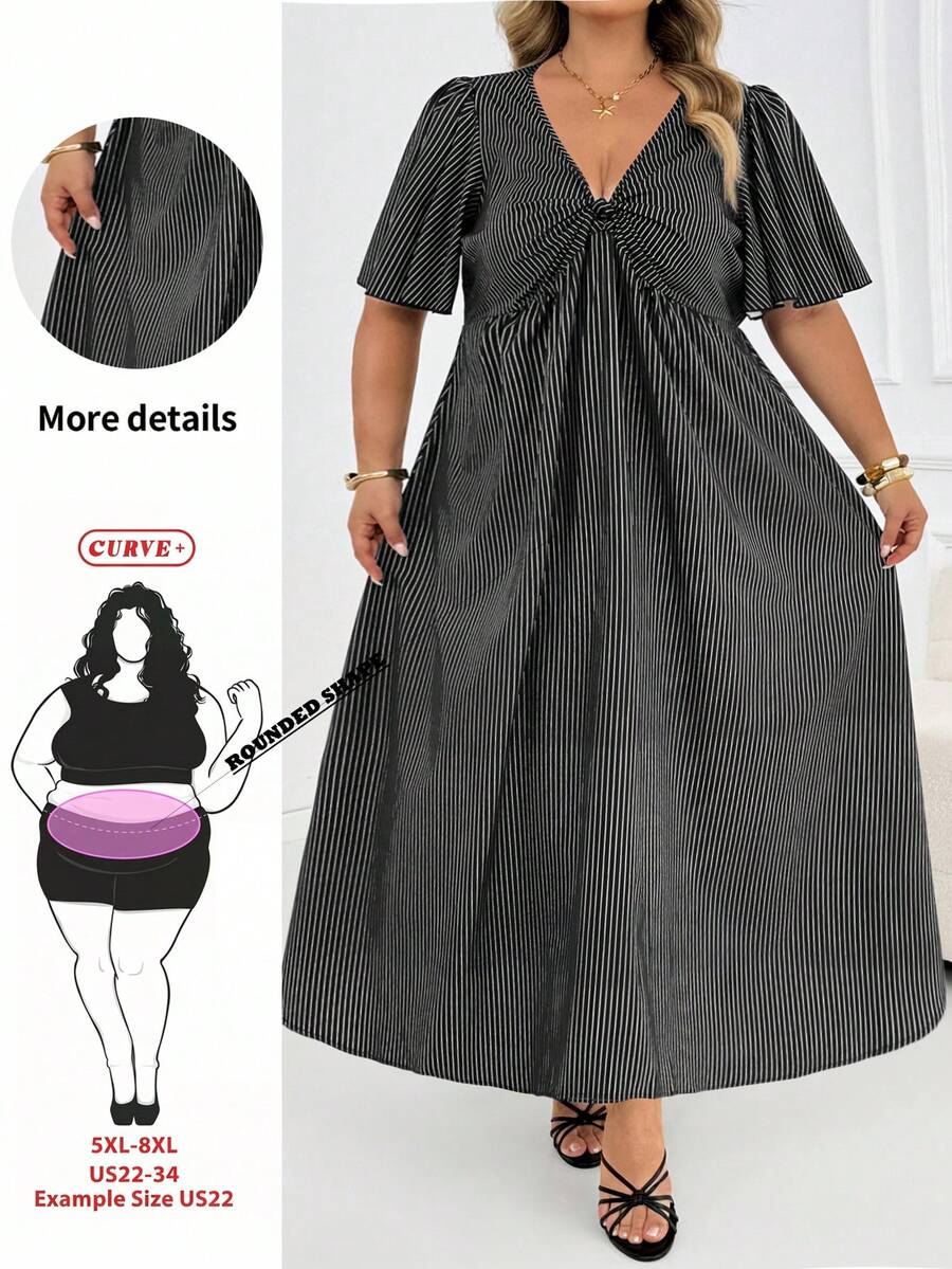SHEIN CURVE+ 大尺碼 US22 音樂節海灘度假波希米亞風休閒優雅 V 領收腰 A 字版型飄逸女款中長洋裝 - 彩色 - 查看 1