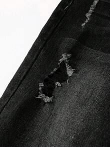 青少年男孩時尚休閒 Y2K 復古酷感街頭返校大學風鏤空破洞磨邊設計基礎簡約舒適深藍色丹寧彈性打孔緊身牛仔褲柔軟日常穿著秋冬季電音節慶居家街頭穿搭校園風 - 黑色 - 查看 4