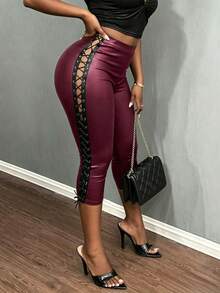 BamGleam American Hot Girl Black Faux Leather Lace-Up Skinny Pants, Side Tie Slimming Butt-Lifting Capri Length Pants, Subculture Punk Style Sexy Hot Girl Pants - Burgundy - View 7