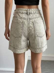 Livesso Summer Autumn June Festival High Waist Solid Light Gray Washed Cotton Casual Loose Fit Women's Denim Shorts - Light Grey - View 2