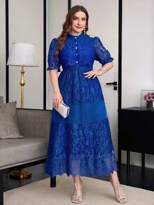 Reflora Vestido Elegante de Talla Grande con Botones de Perlas Falsas y Encaje Celestial Azul Real para Boda, Fiesta, Cóctel, Verano - Azul - Ver 7