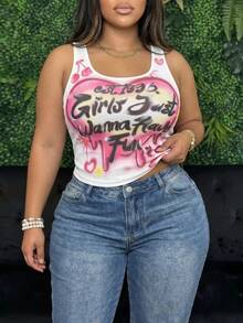 Slaydiva Plus Size Women Slogan & Heart Print Fitted Camisole - White - View 3