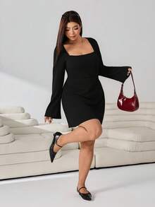 Solflare Plus Size Women Solid Color Casual Daily Summer Dress Fall - Black - View 5