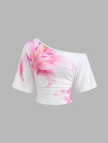 Sweetra Plus Size Women's Spring/Summer 3-Piece T-Shirt Set, Asymmetrical Shoulder Short Sleeve Asymmetrical Ruched Pleated Elegant Vintage Cute Vacation Casual Loungewear - Multicolor - View 4