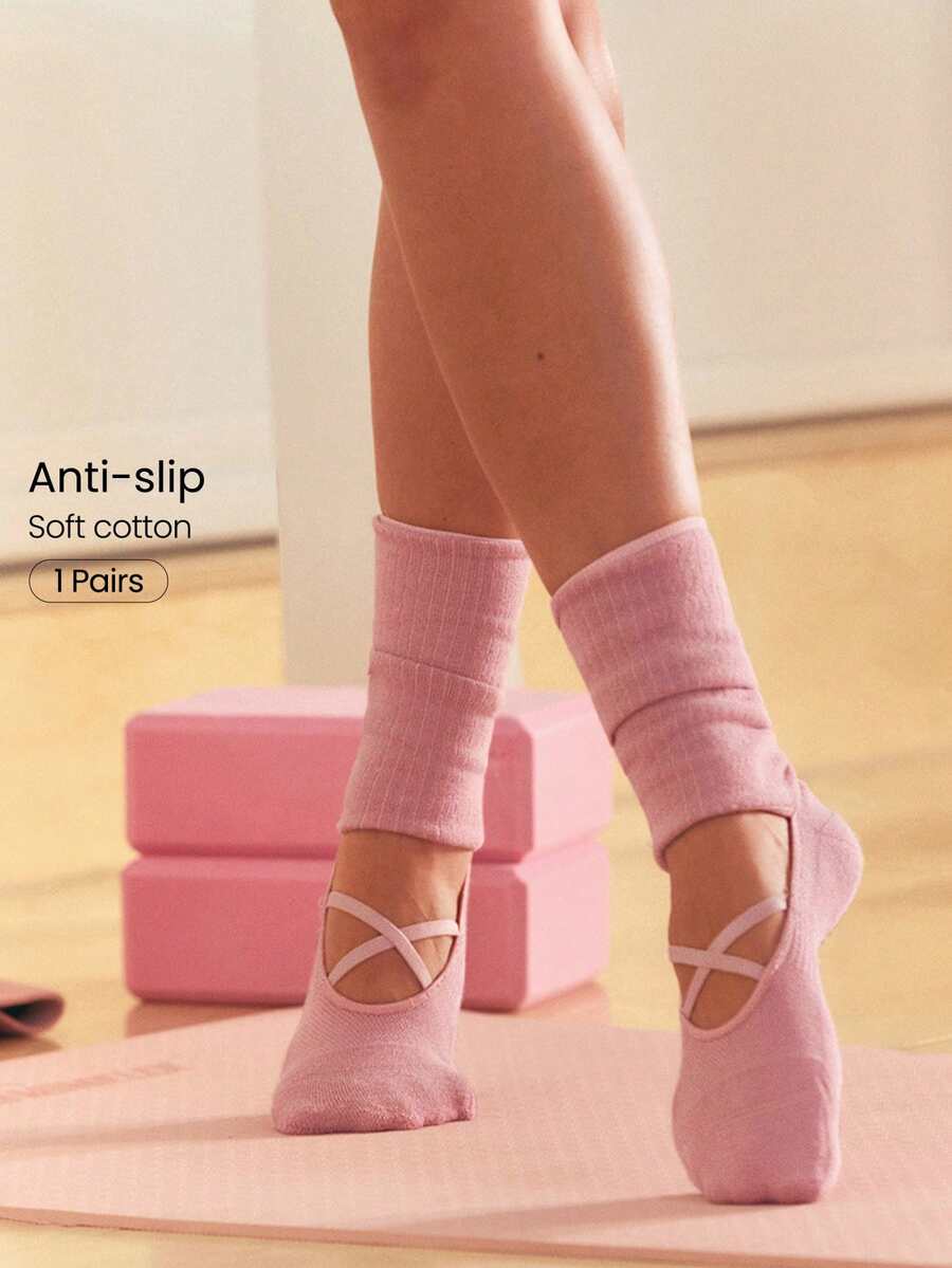 GLOWMODE 1 Pair Soft Cotton Breathable Mesh Strappy Lace-Up Ribbed Grip Socks Barre Ballet Pilates Studio Dance Daily Casual - Dusty Rose - View 1
